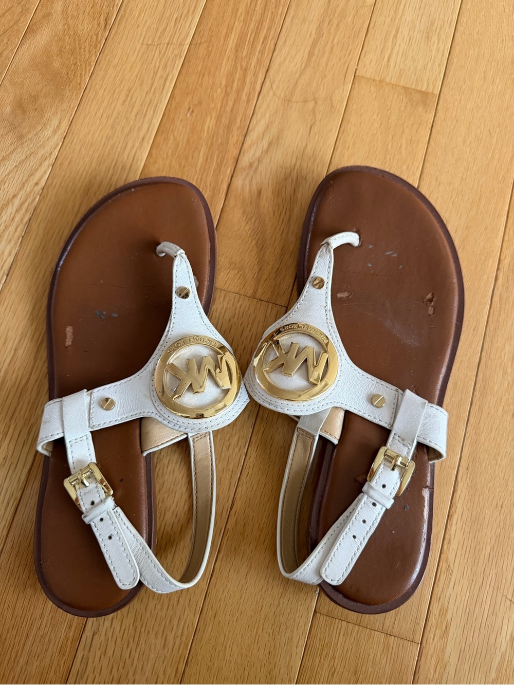 Michael Kors White Leather Gold MK Logo T-Strap Kids Sandals